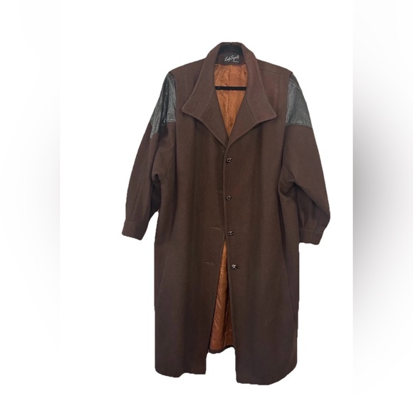 Vintage Jackets & Blazers - VTG Womens Brown Wool & Leather Maxi Duster Coat USA Oversized 80s XXL Bohemian